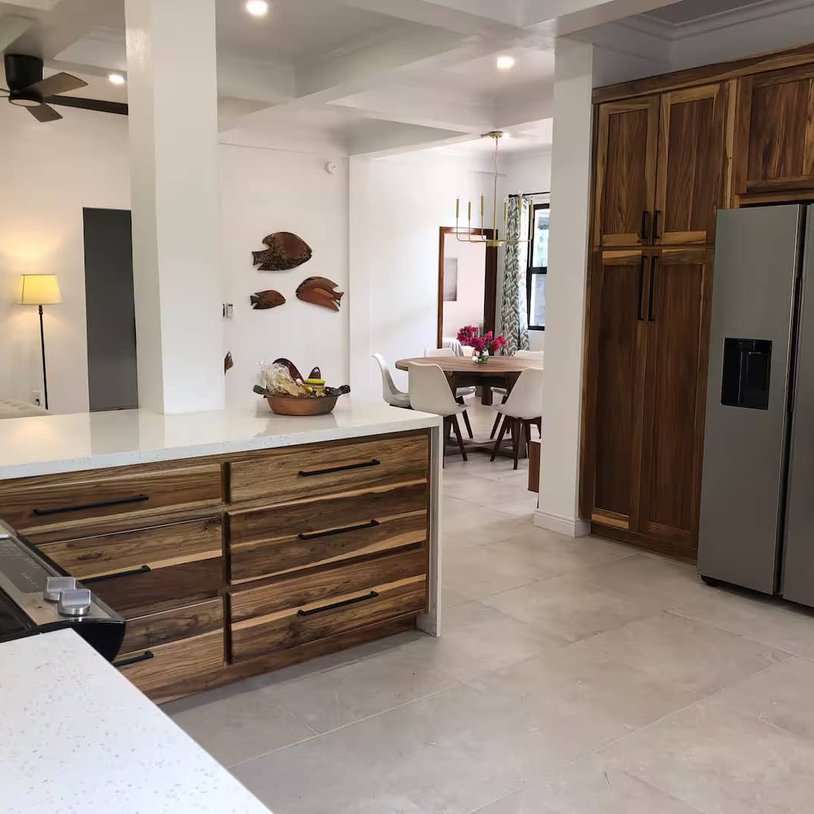 wide shot of kitchen, dinning and living room
