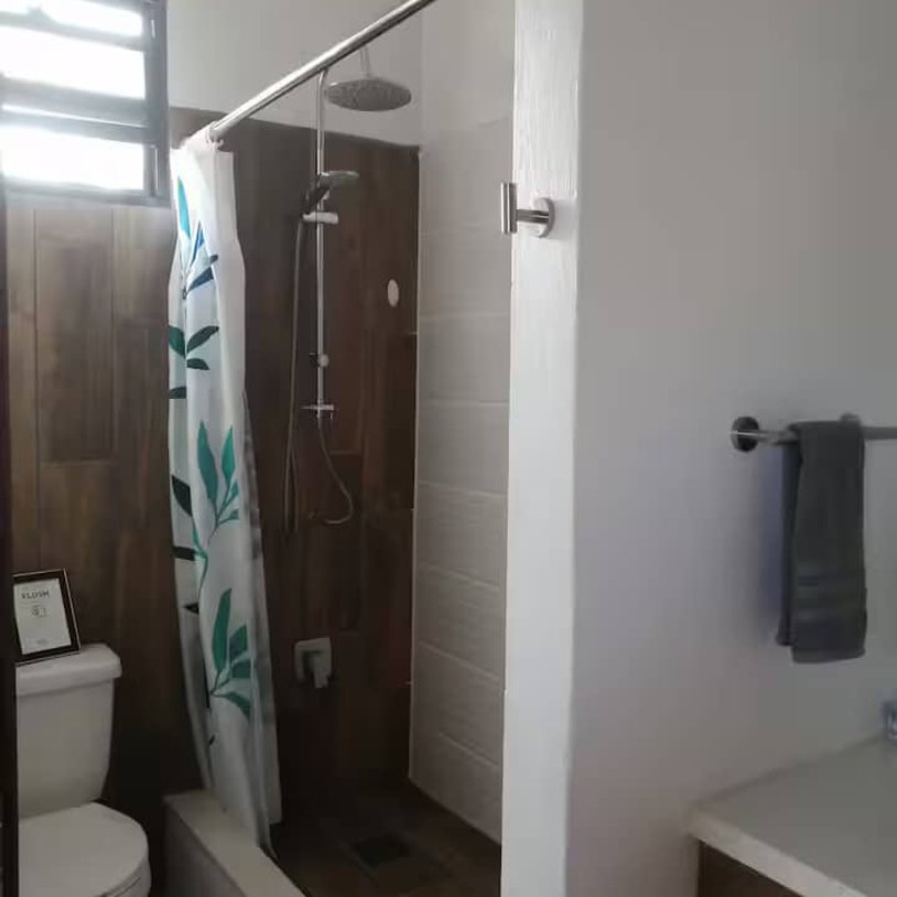 bathroom with a sink, toliet, and shower.