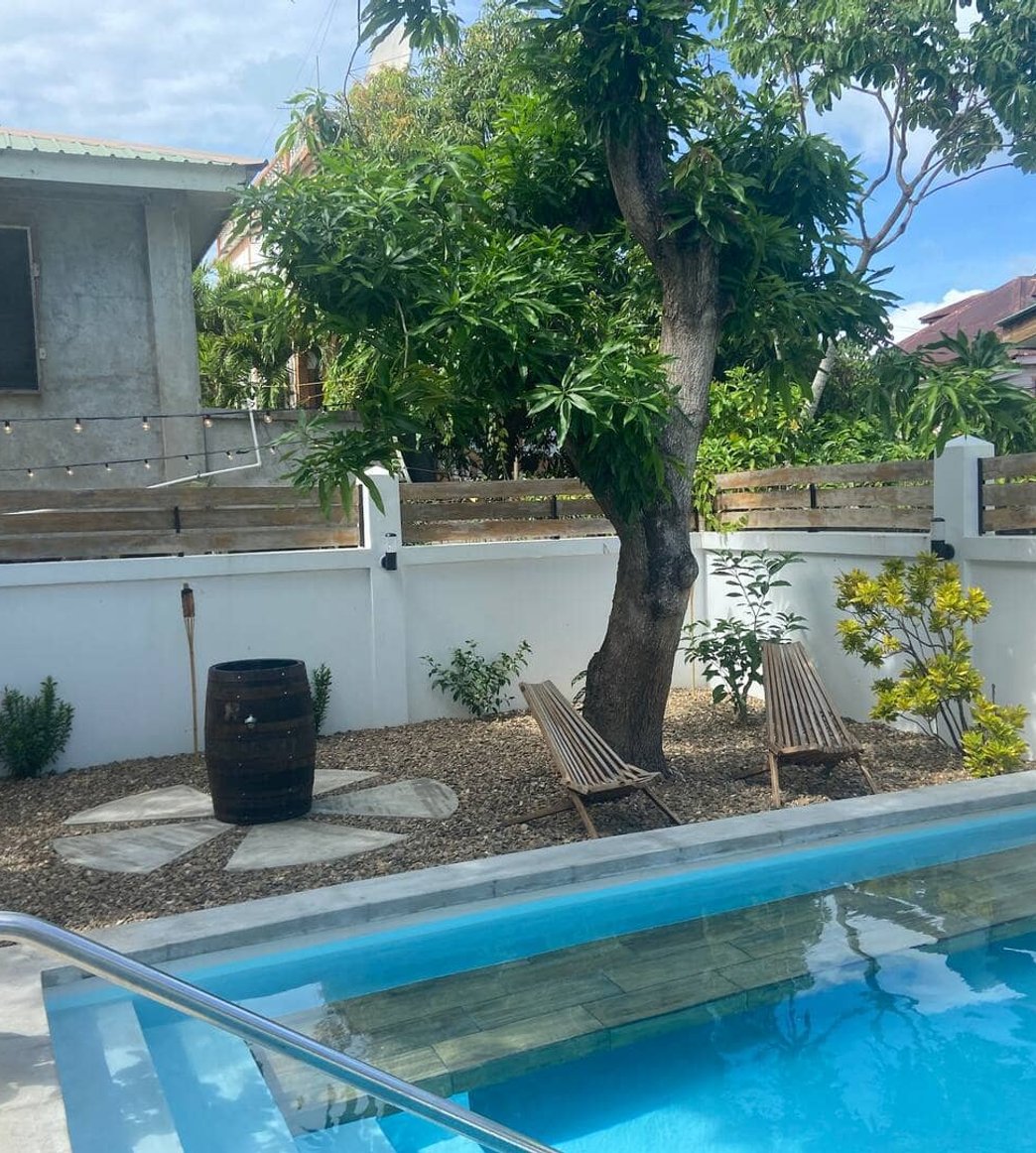 Tropical backyard pool and cooler barrel surrounded by lush green trees